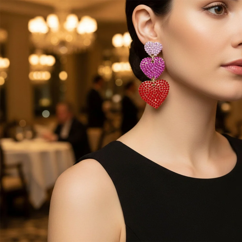 Multicolor Rhinestone Triple Tier Dangle Heart Earrings